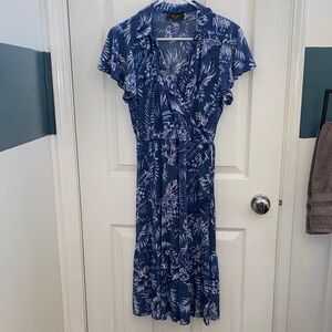 Blue Leaf Print Midi Dress